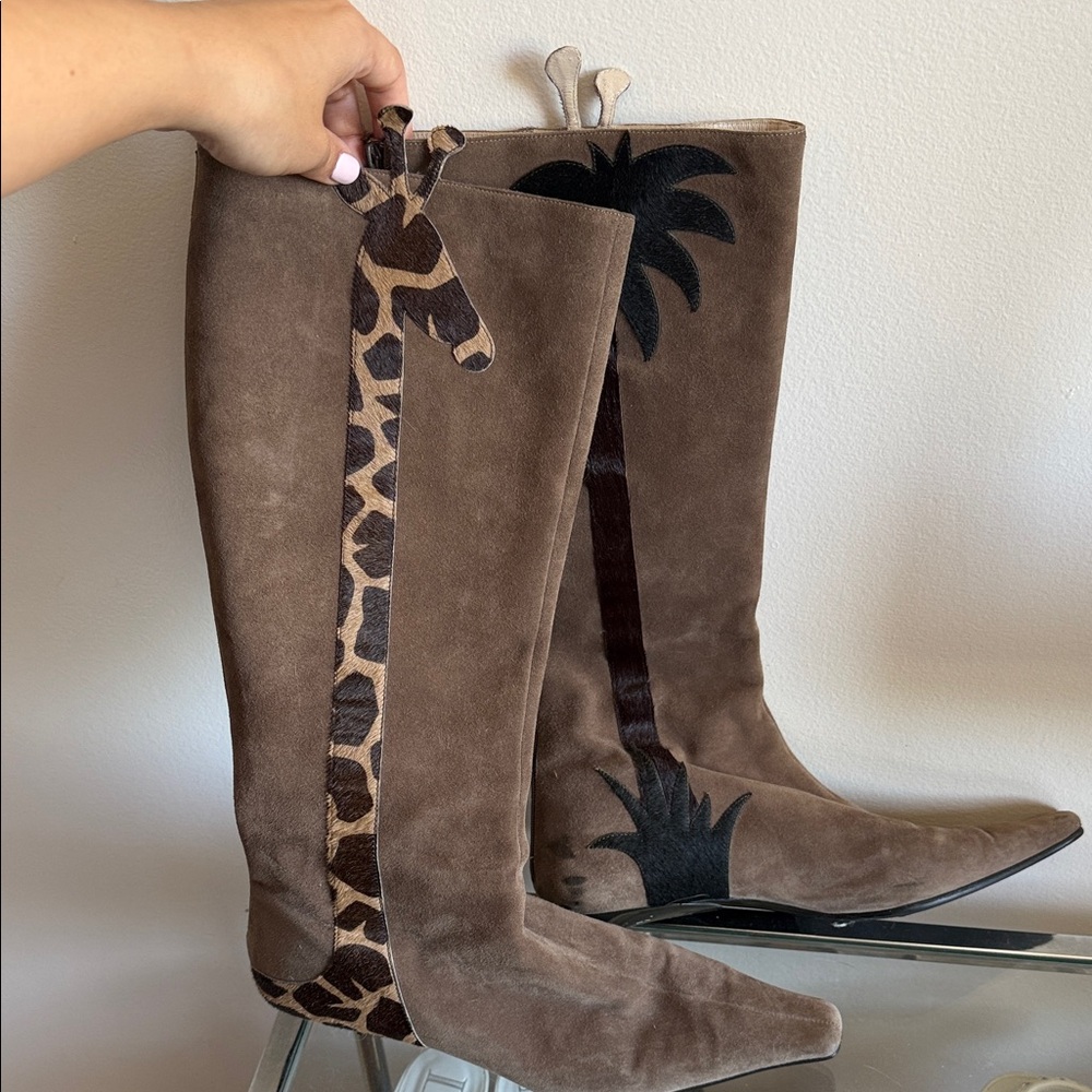 Moschino Suede Knee-High Boots with Giraffe & Palm Inlay - Taupe
